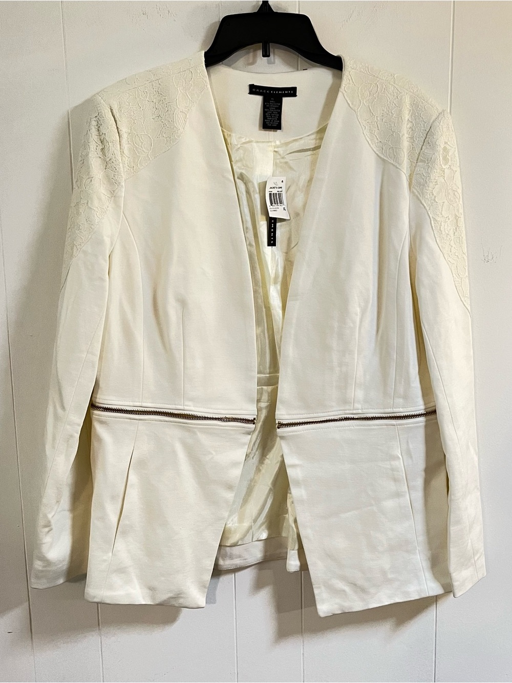 Ivory white blazer with zipper, lace detail XL NWT